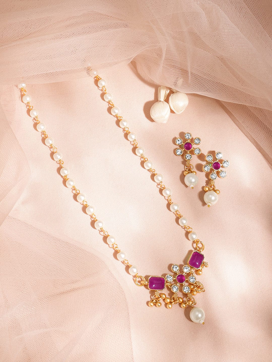Chic Pearl Beaded Purple Kundan Necklace Set