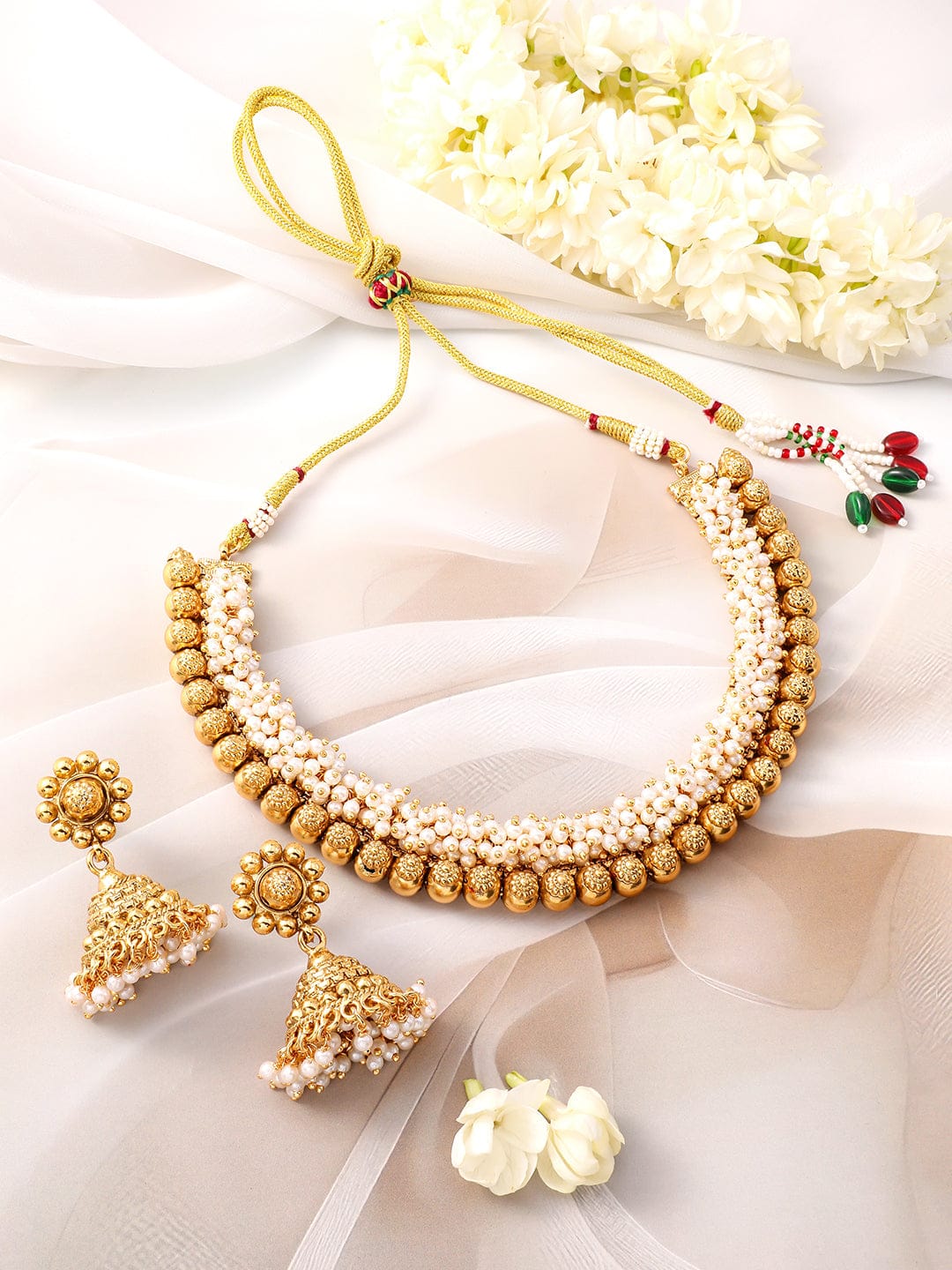 Gold Necklace Set With Pearl Work