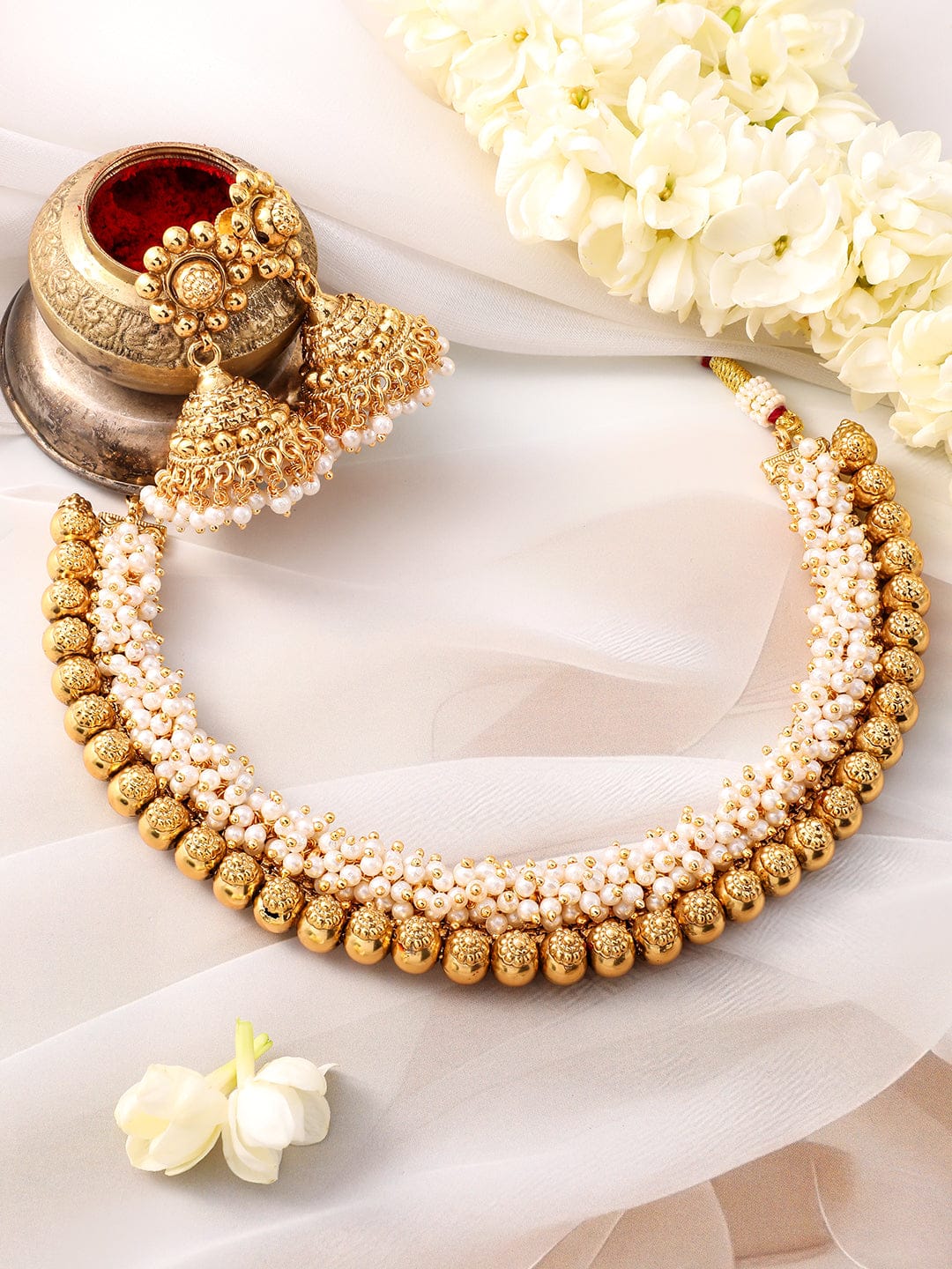 Gold Necklace Set With Pearl Work