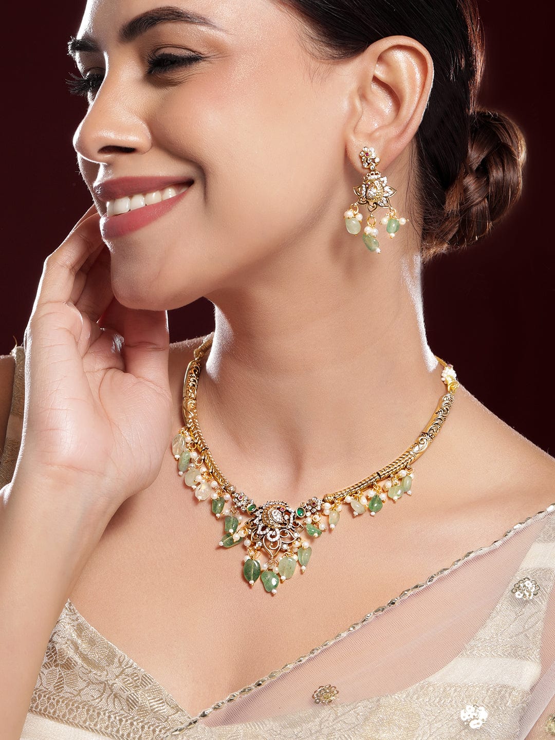 American Diamond Zirconia Green Beads Necklace Set