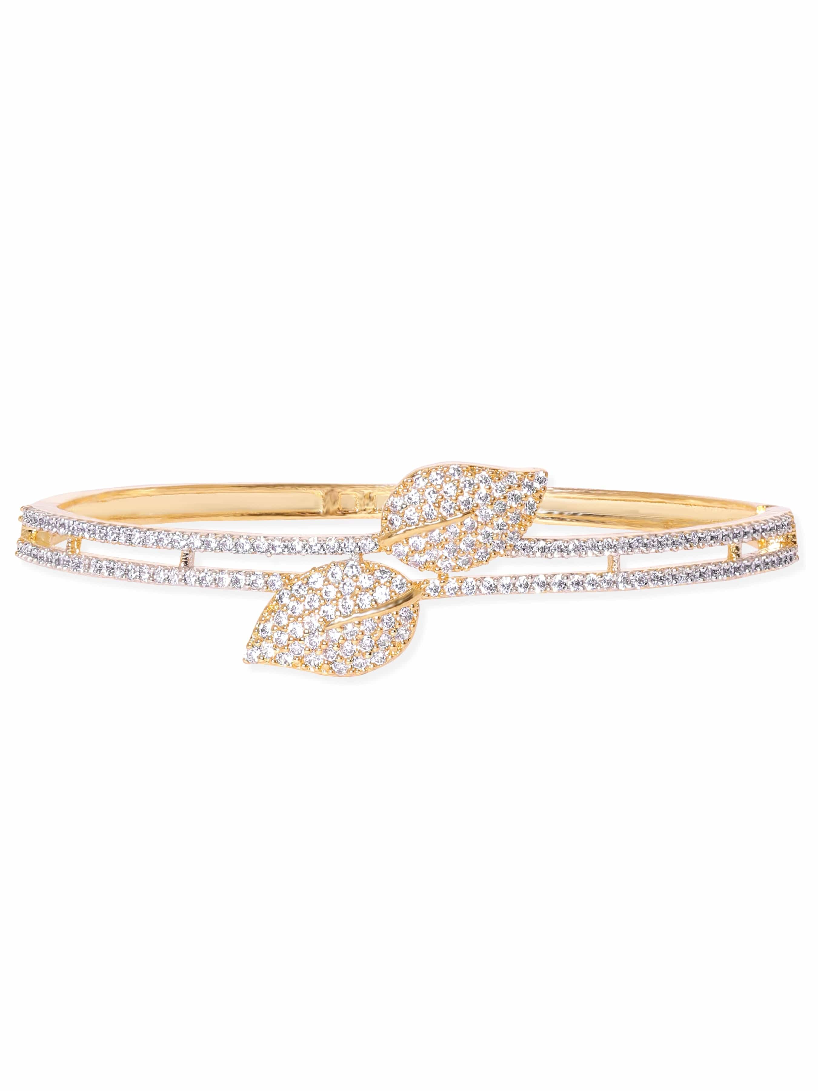 Wentra 22K Gold Plated Zirconia Leaf Motif Sleek Bracelet