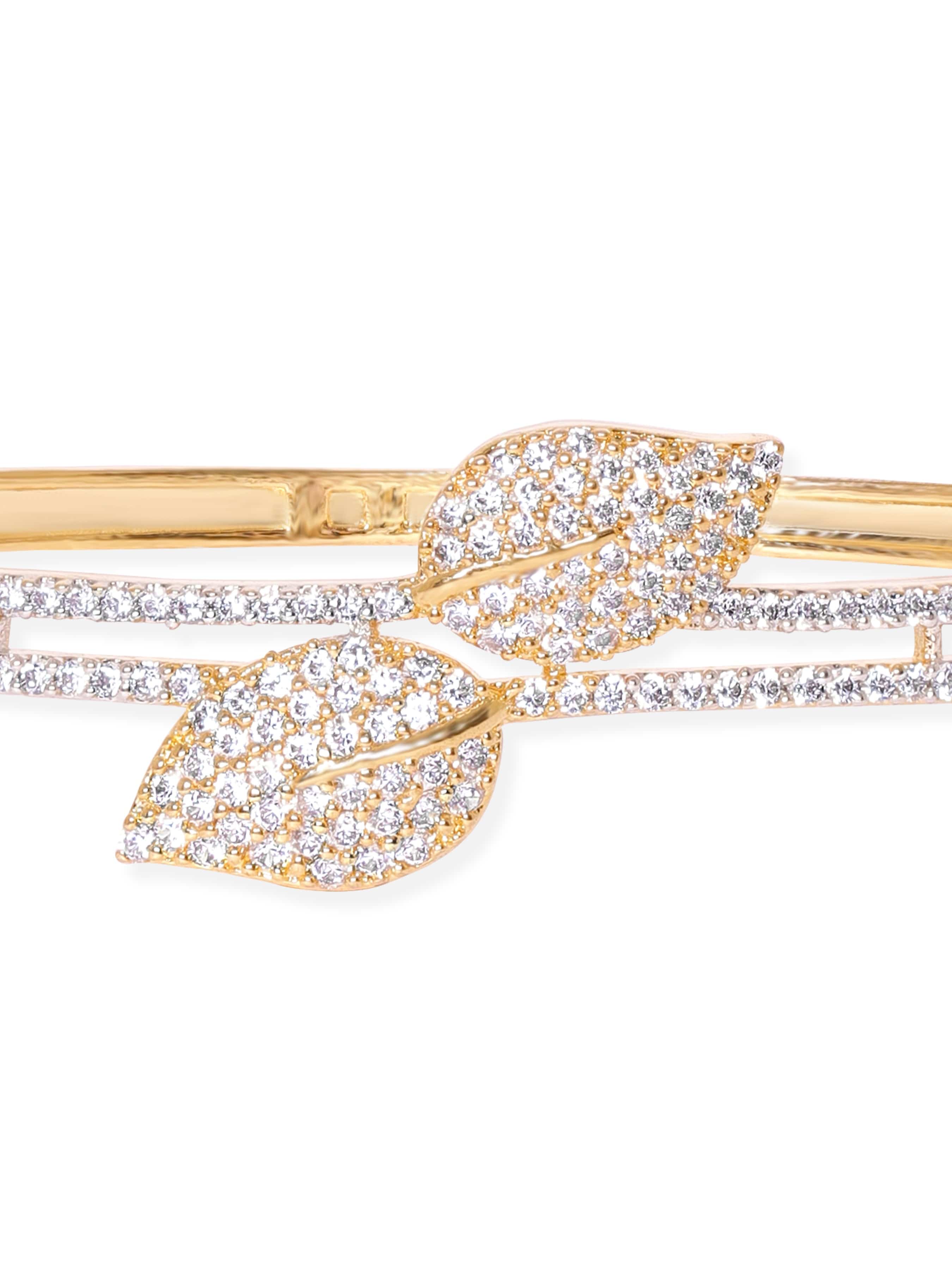 Wentra 22K Gold Plated Zirconia Leaf Motif Sleek Bracelet