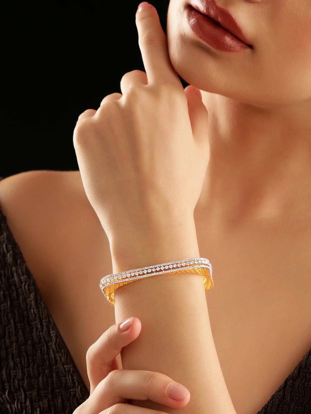 Wentra 22K Gold Plated Cubic Zirconia Studded Elegant  Bangle-Style Bracelet