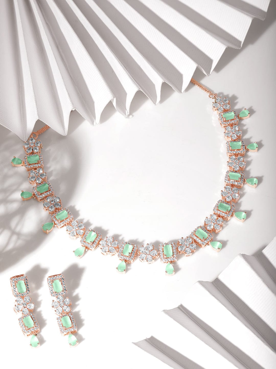 Wentra 22K Rose Gold Plated Mint Green Sapphire & Cubic Zirconia Studded Jewelry Set Design