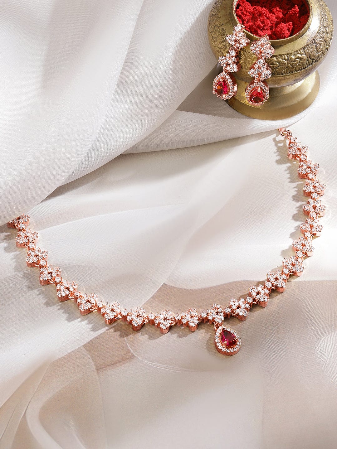 Wentra 22K Rose Gold-Plated Ruby Pink & White Cubic Zirconia Studded Necklace Set with Earrings