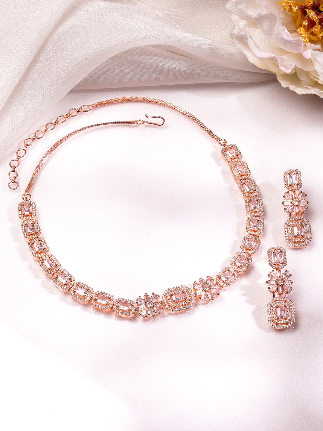 American Diamond Zirconia Rose Gold Necklace Set