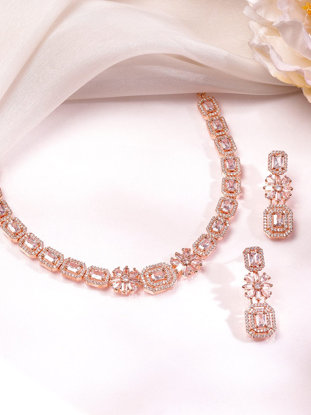 American Diamond Zirconia Rose Gold Necklace Set