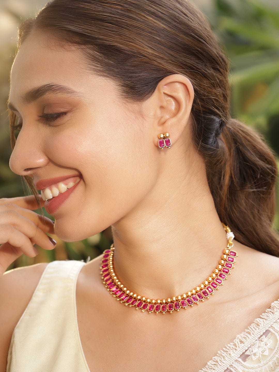 Ruby Studded Short Necklace Set