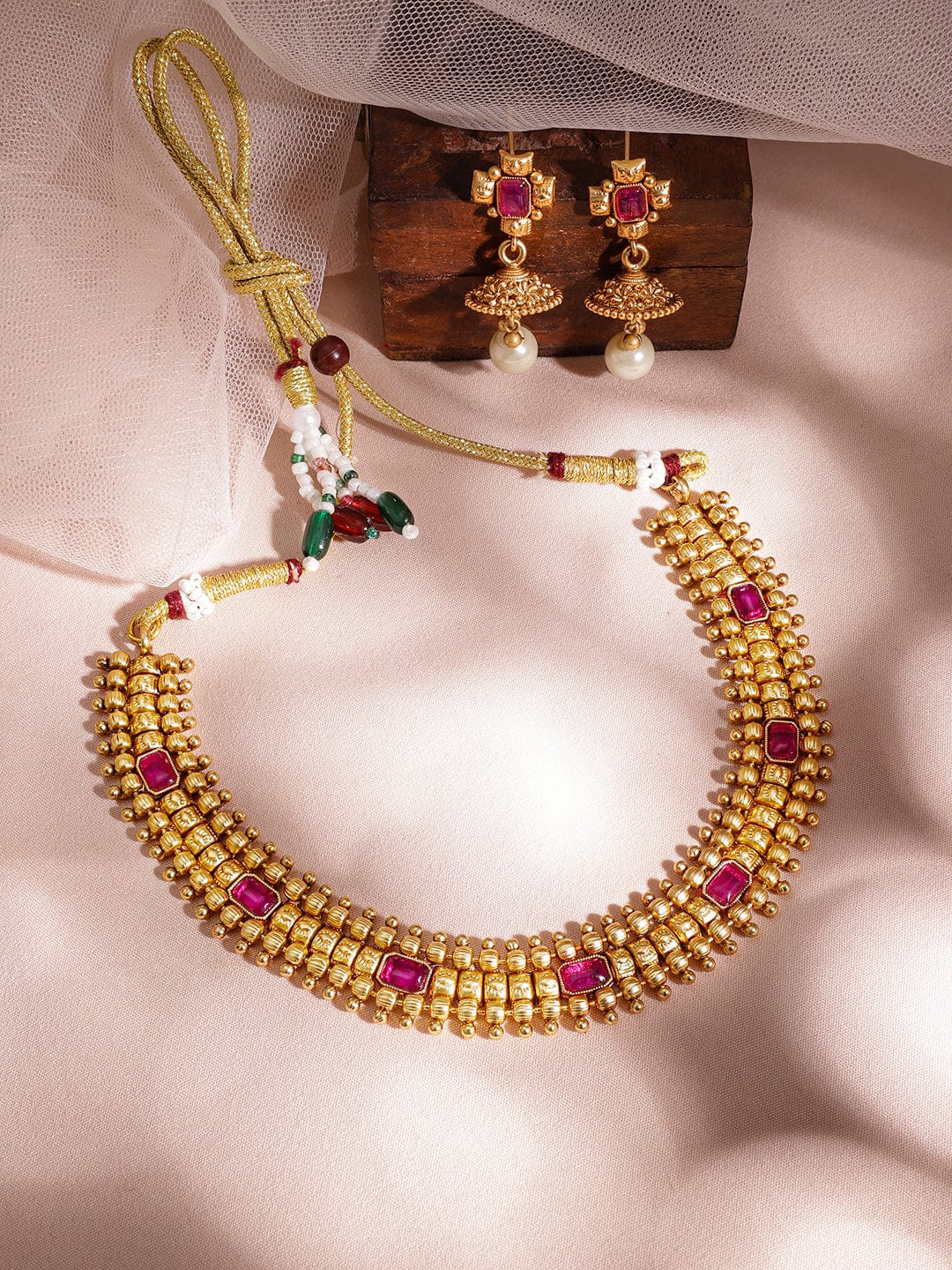 Ruby Studded Golden Necklace Set