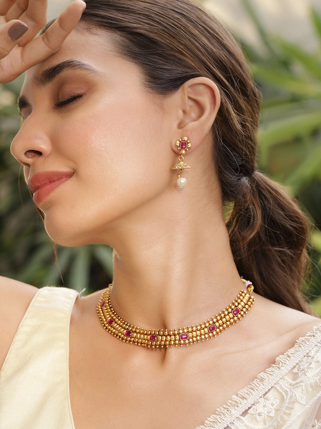 Ruby Studded Golden Necklace Set