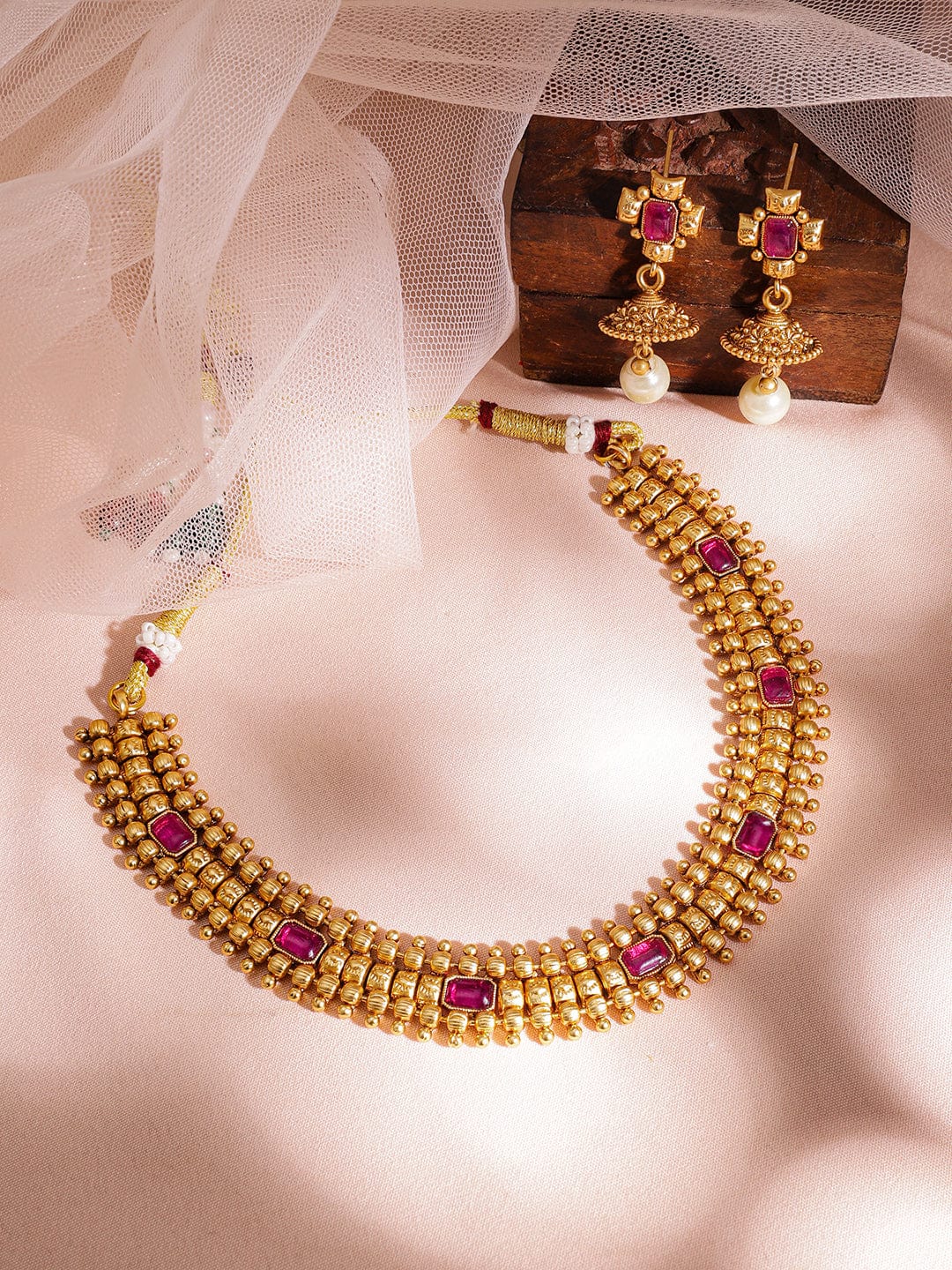 Ruby Studded Golden Necklace Set