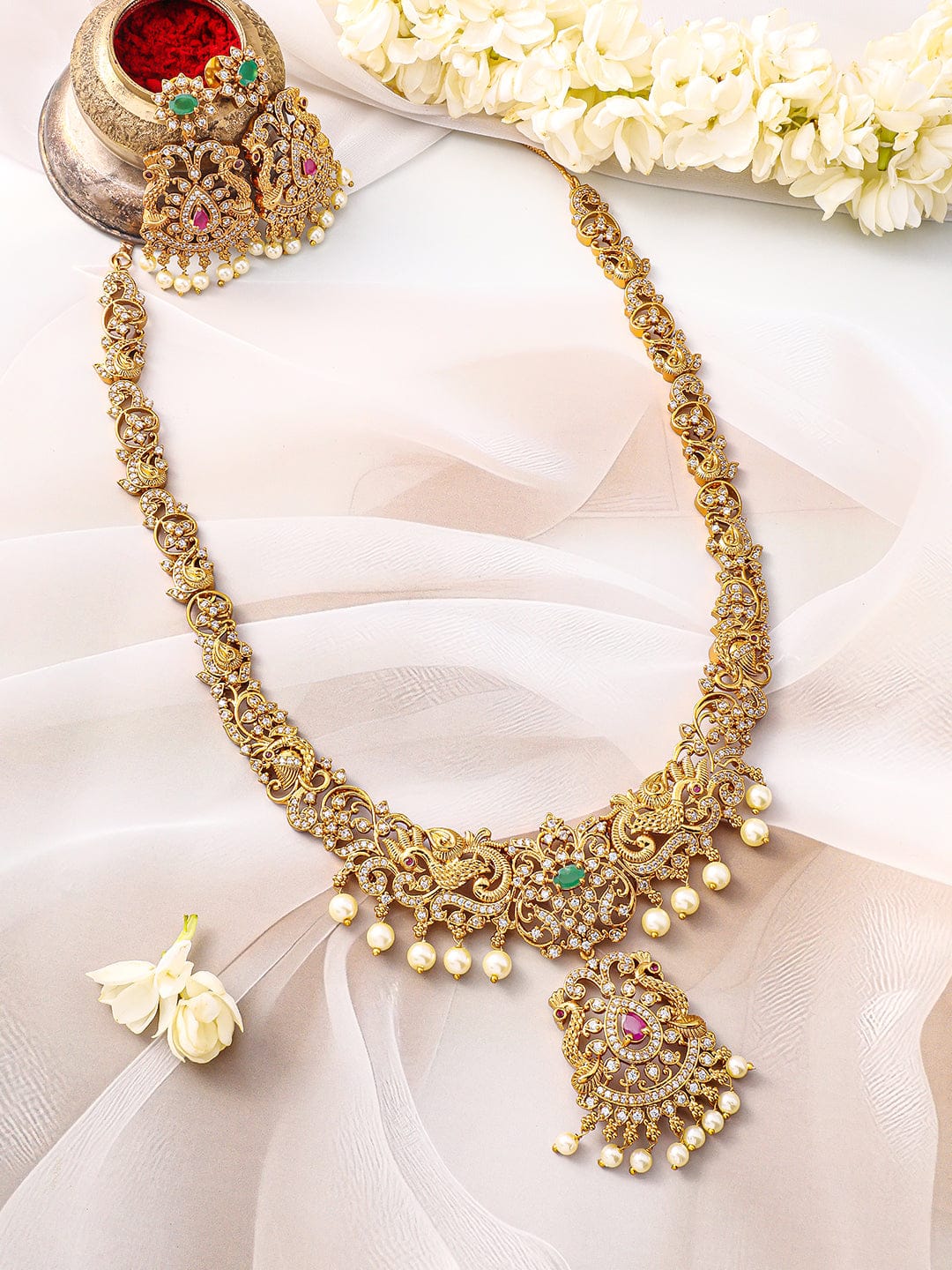 Peacock Motif American Diamond Zirconia Necklace Set
