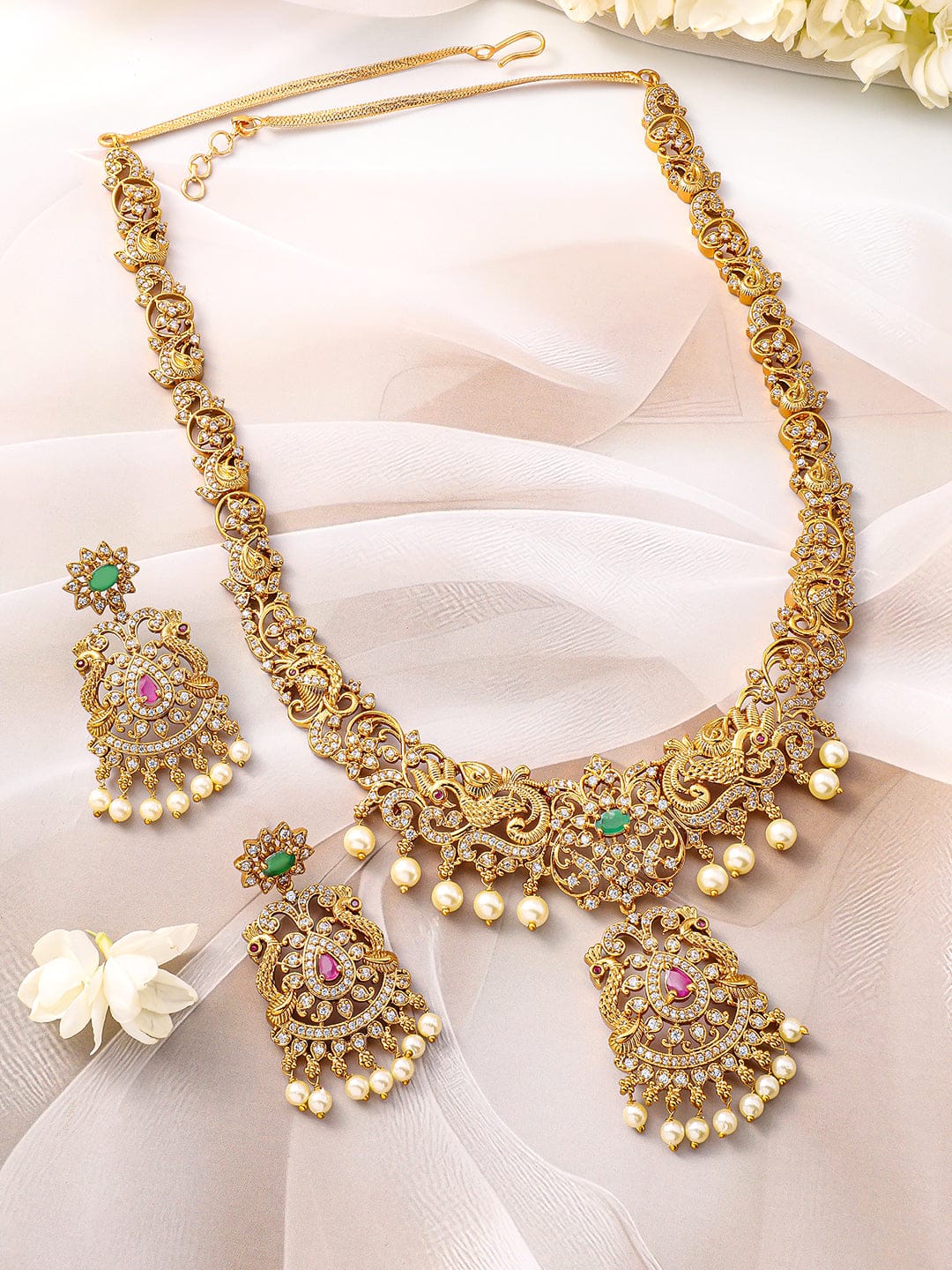 Peacock Motif American Diamond Zirconia Necklace Set