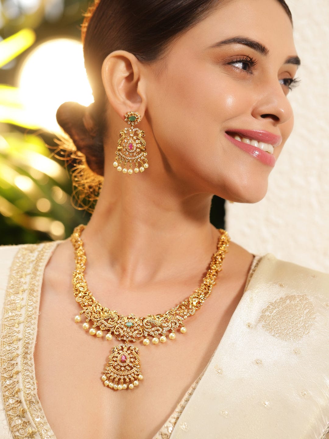 Peacock Motif American Diamond Zirconia Necklace Set