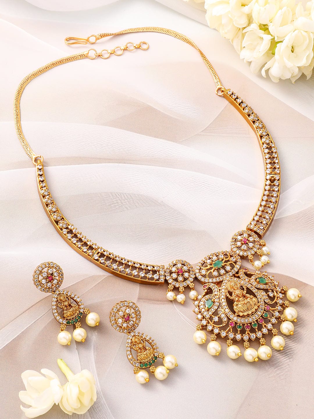 Multicolor Studded Laxmi Motif Pearl Drop Necklace Set