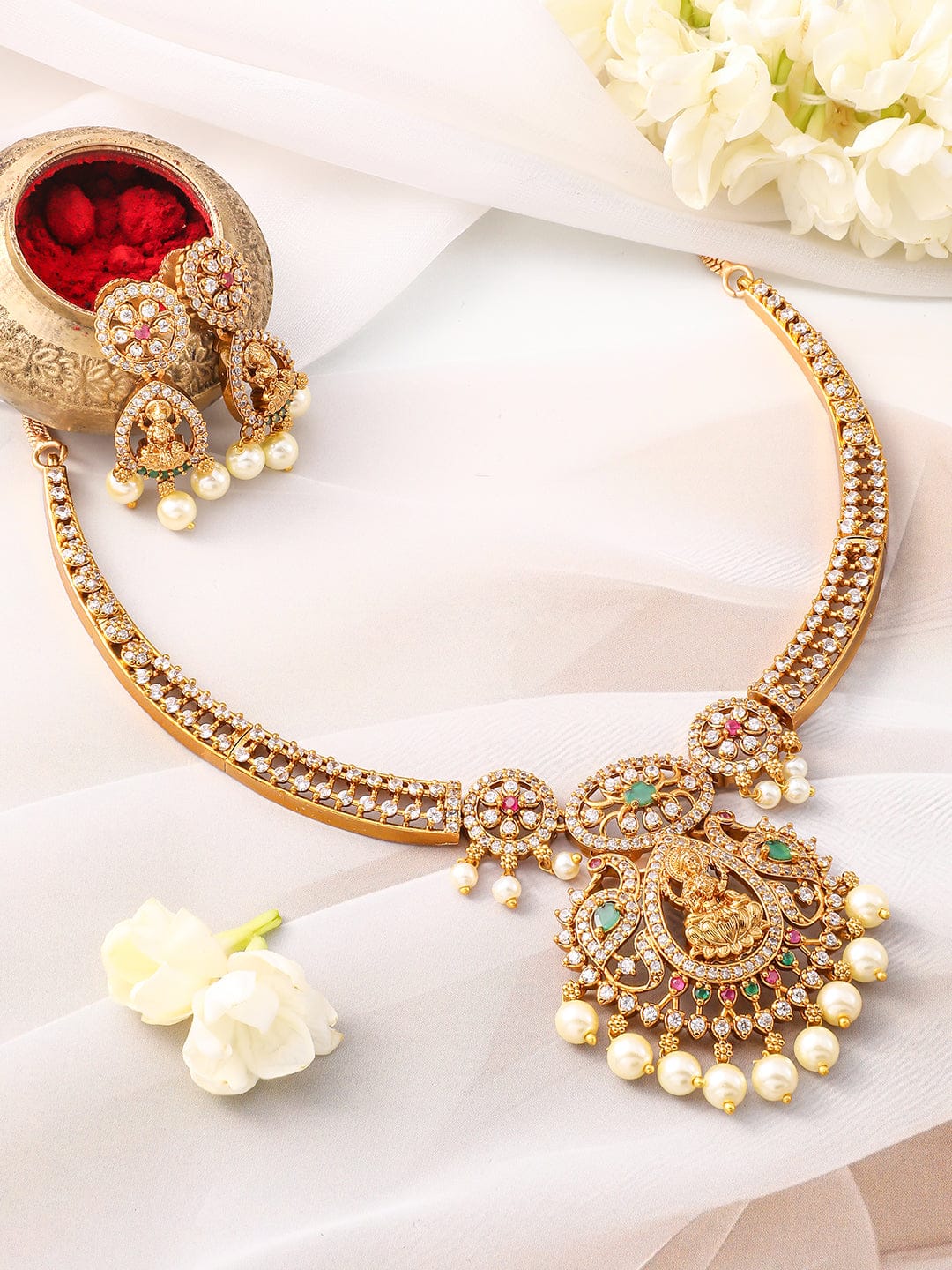 Multicolor Studded Laxmi Motif Pearl Drop Necklace Set