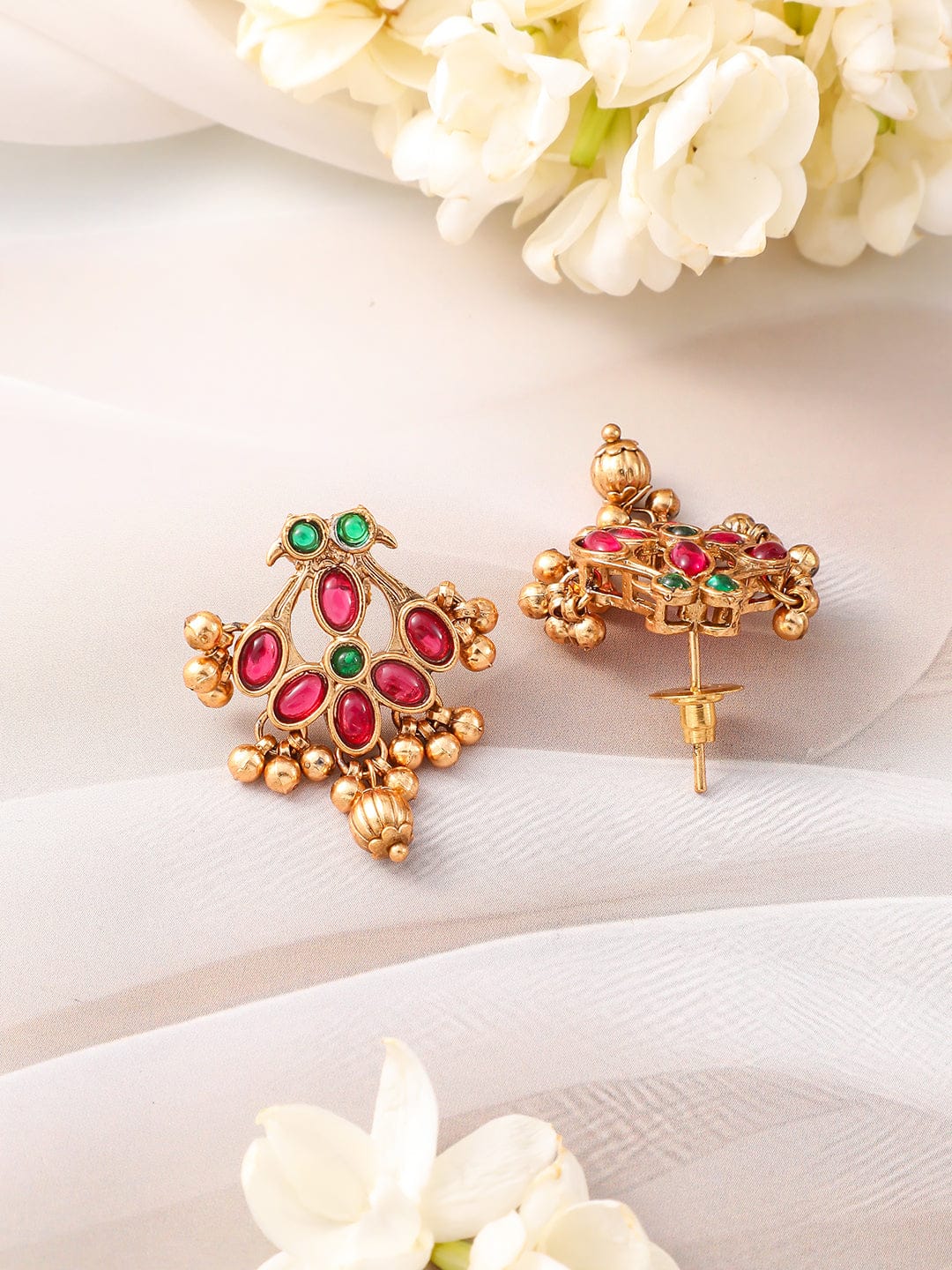 Red & Green Floral Studded Necklace Set