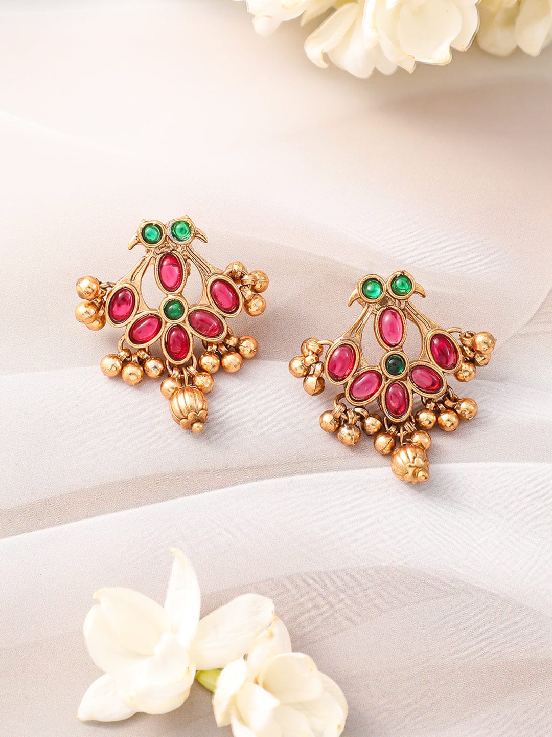 Red & Green Floral Studded Necklace Set