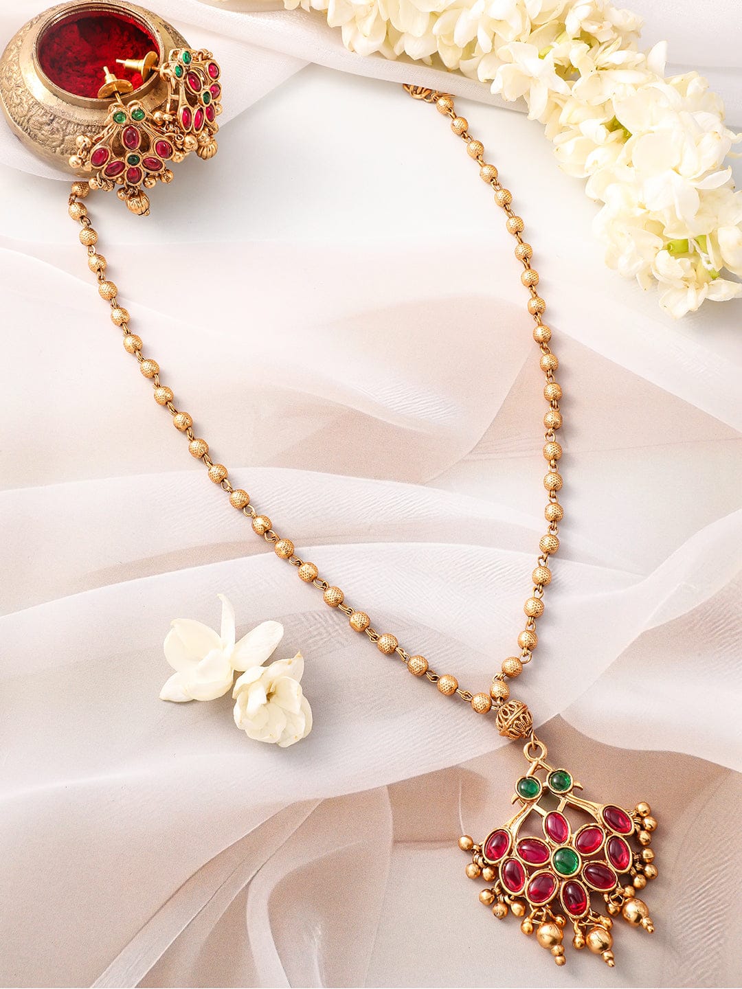 Red & Green Floral Studded Necklace Set