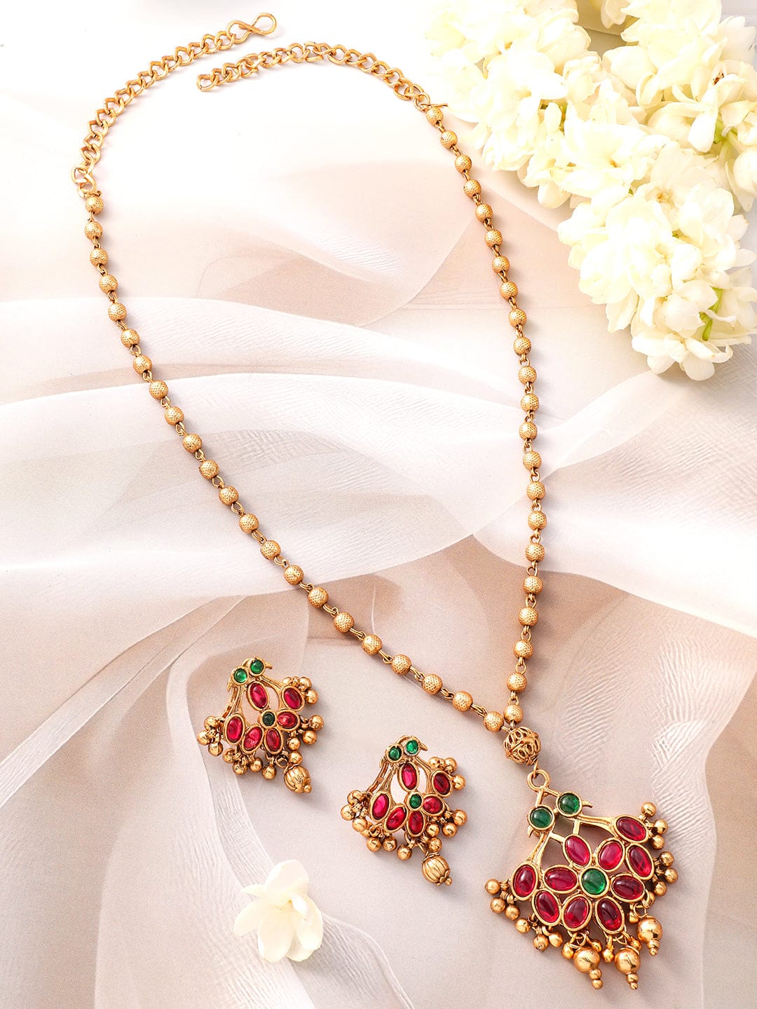 Red & Green Floral Studded Necklace Set