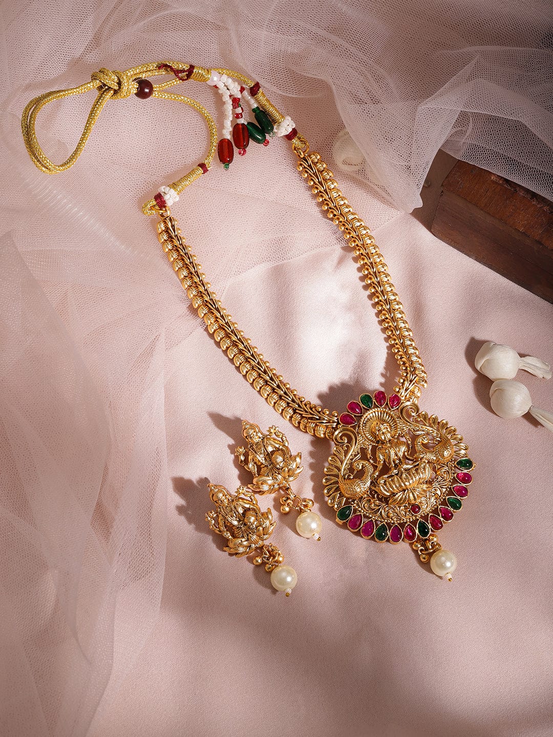 Red & Green Studded Lakshmi Motif Necklace Set