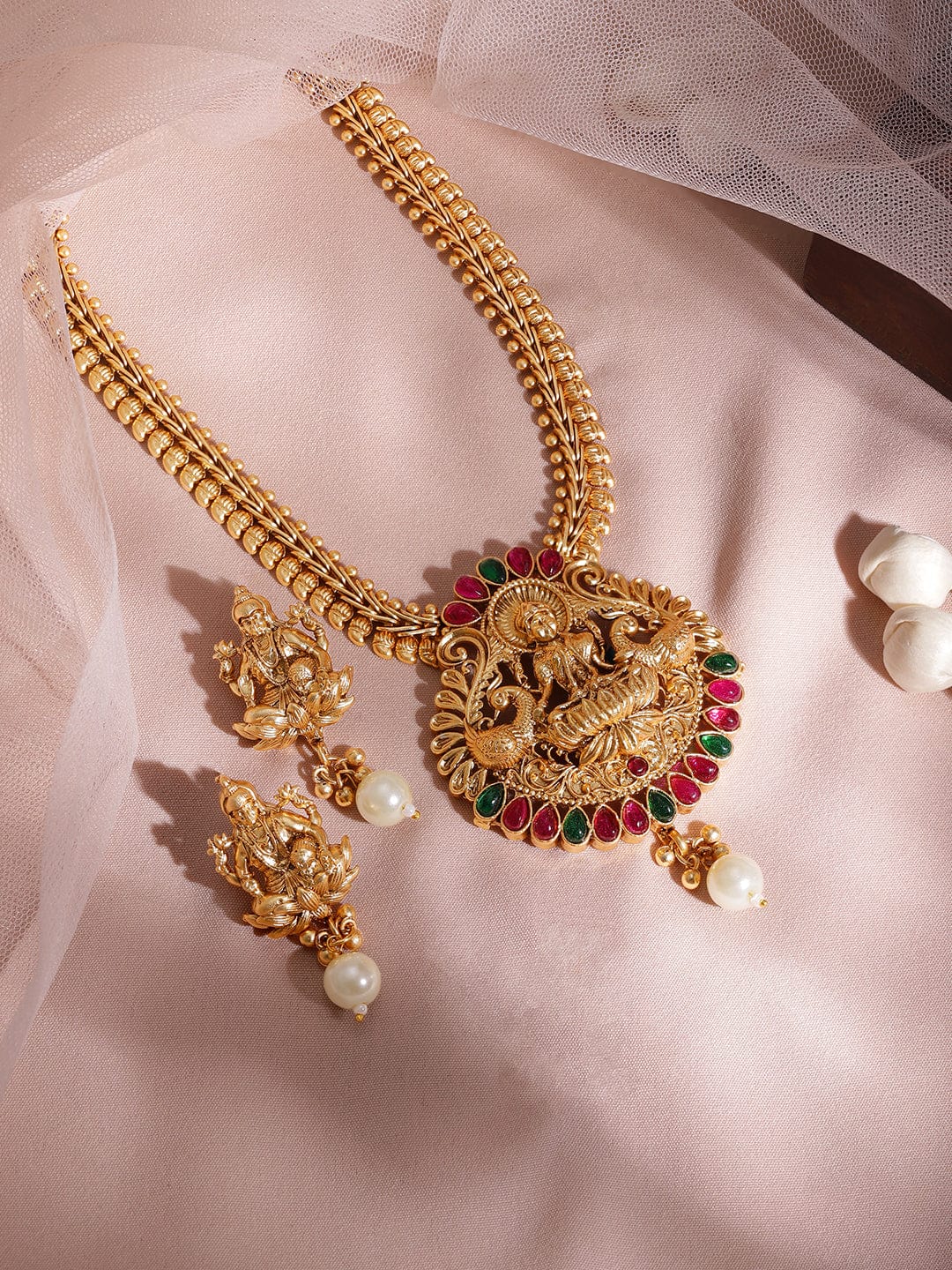 Red & Green Studded Lakshmi Motif Necklace Set