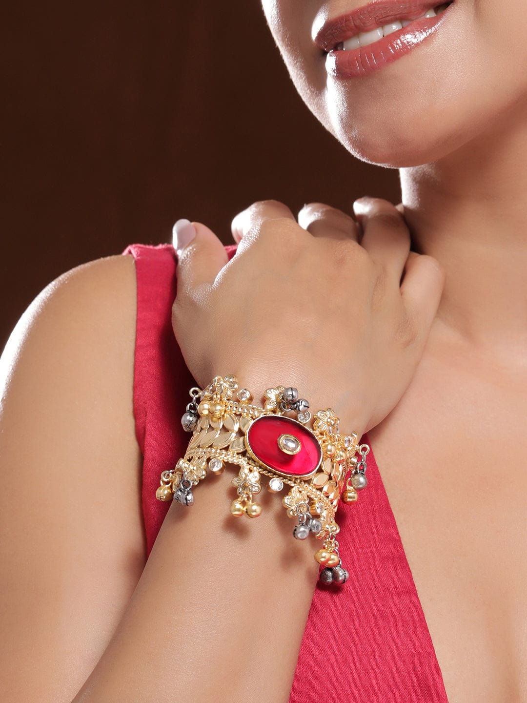 Wentra 22KT Gold-Plated Stone Studded Floral Design Cuff Bracelet