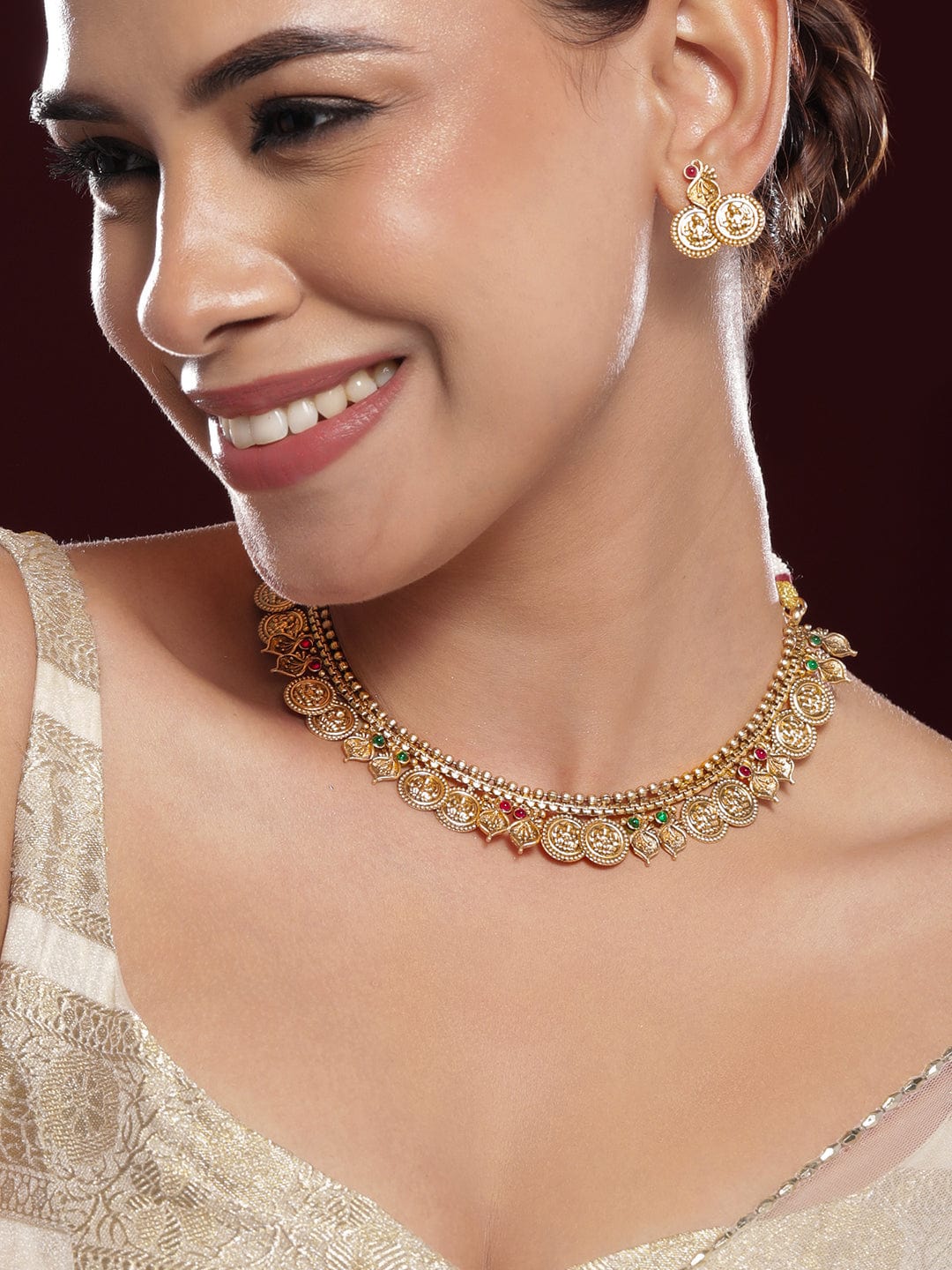 Gold Necklace Set With Laxmi Motif