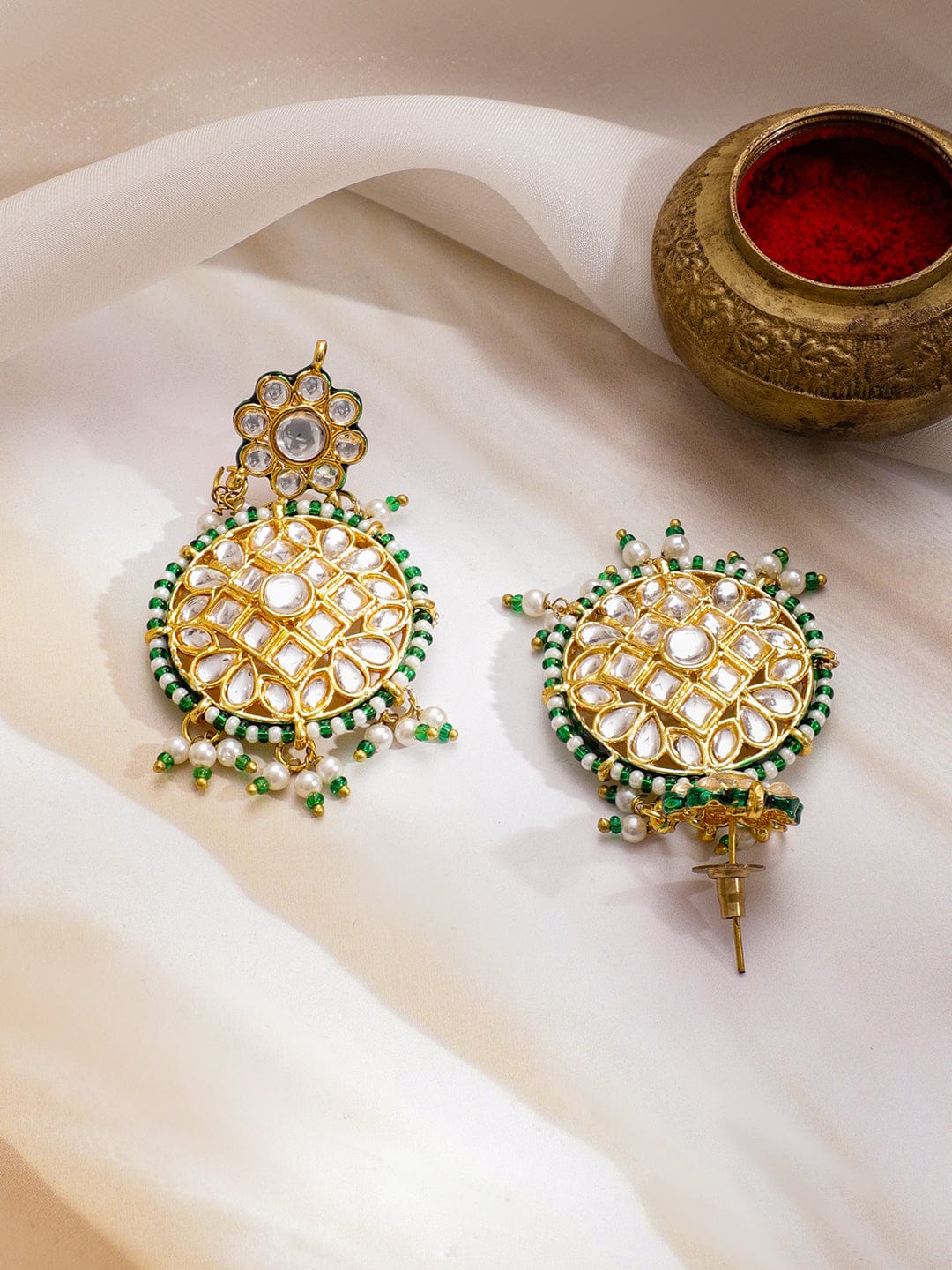 Green & White Kundan Gold Necklace Set With Maangtikka
