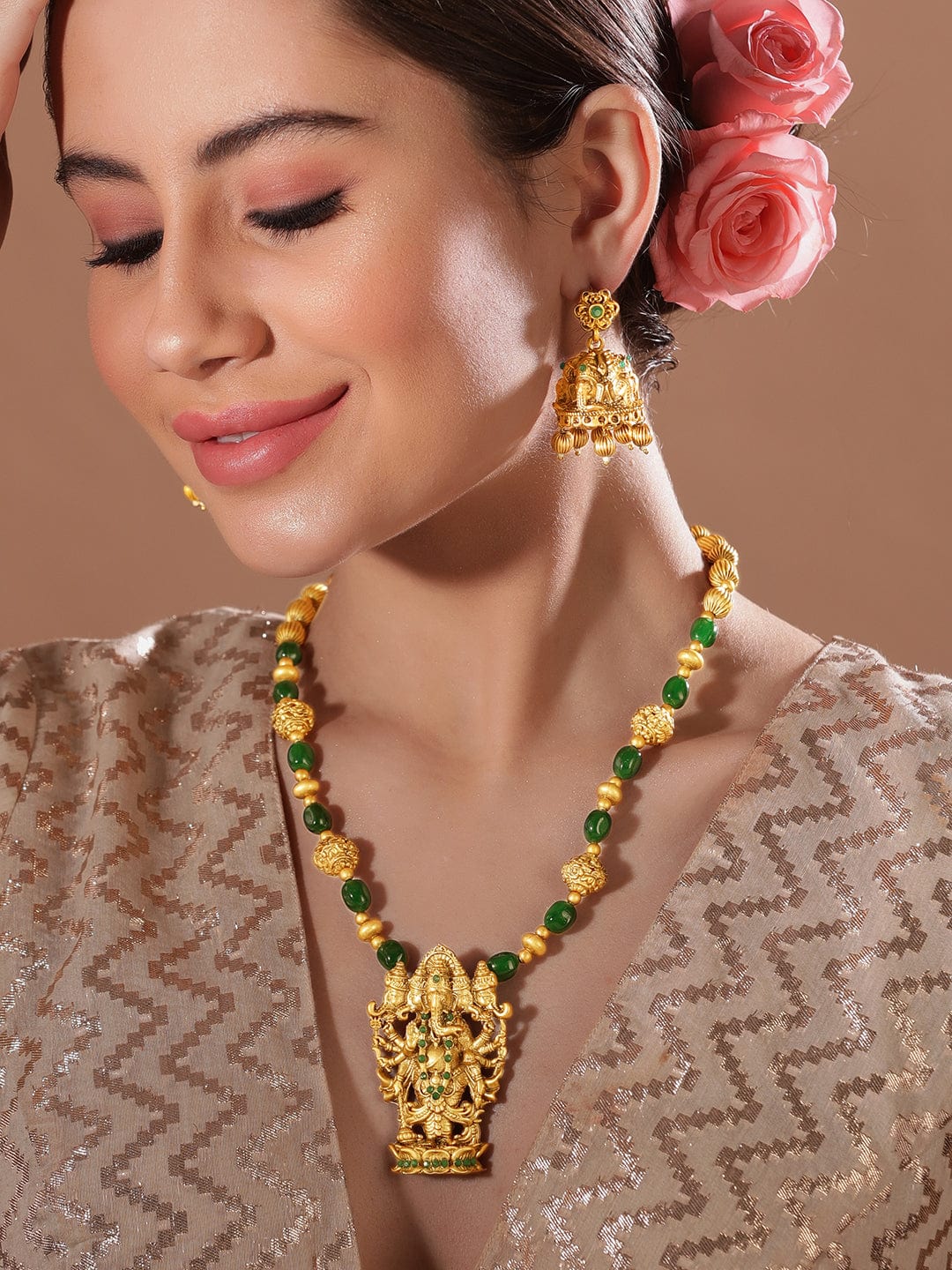 Ganesh Motif Green Beaded Necklace Set