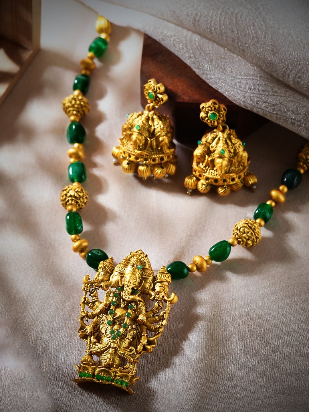 Ganesh Motif Green Beaded Necklace Set