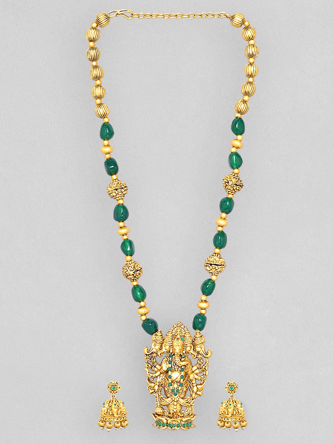 Ganesh Motif Green Beaded Necklace Set