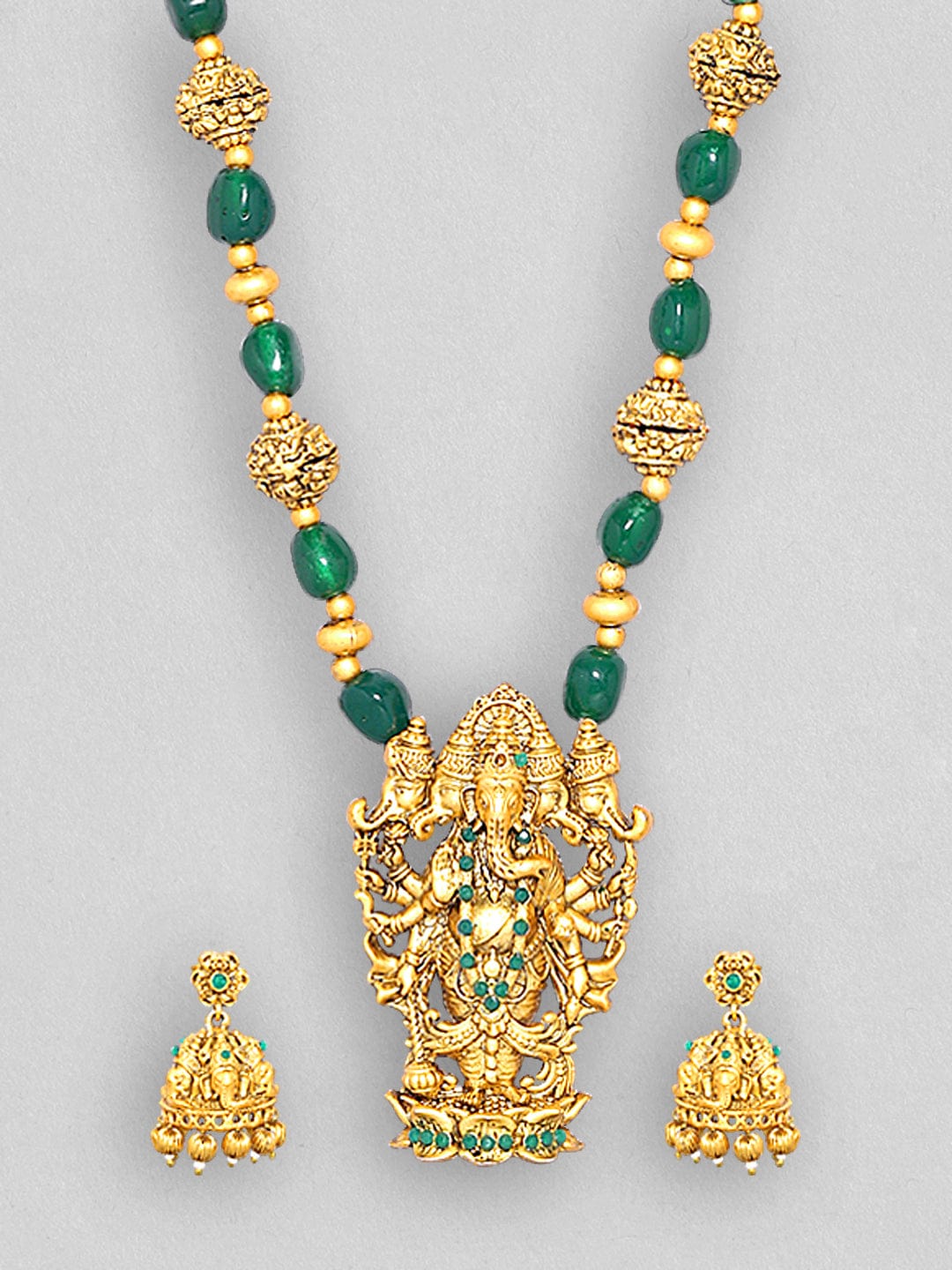 Ganesh Motif Green Beaded Necklace Set