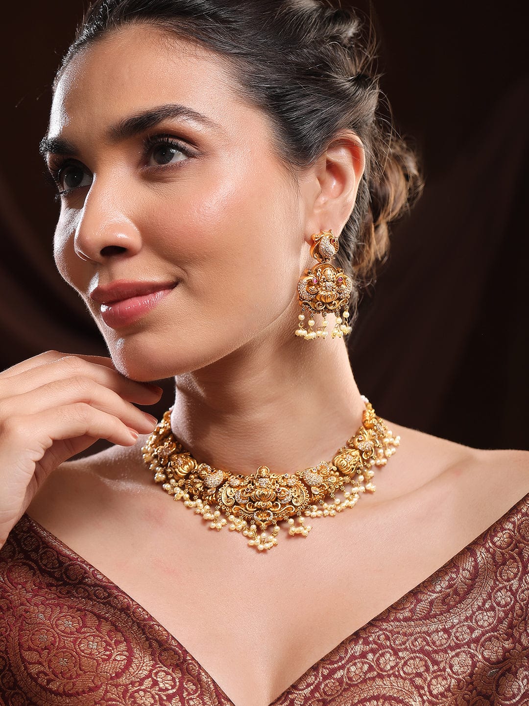 American Diamond Zirconia Pearl Drop Temple Necklace Set