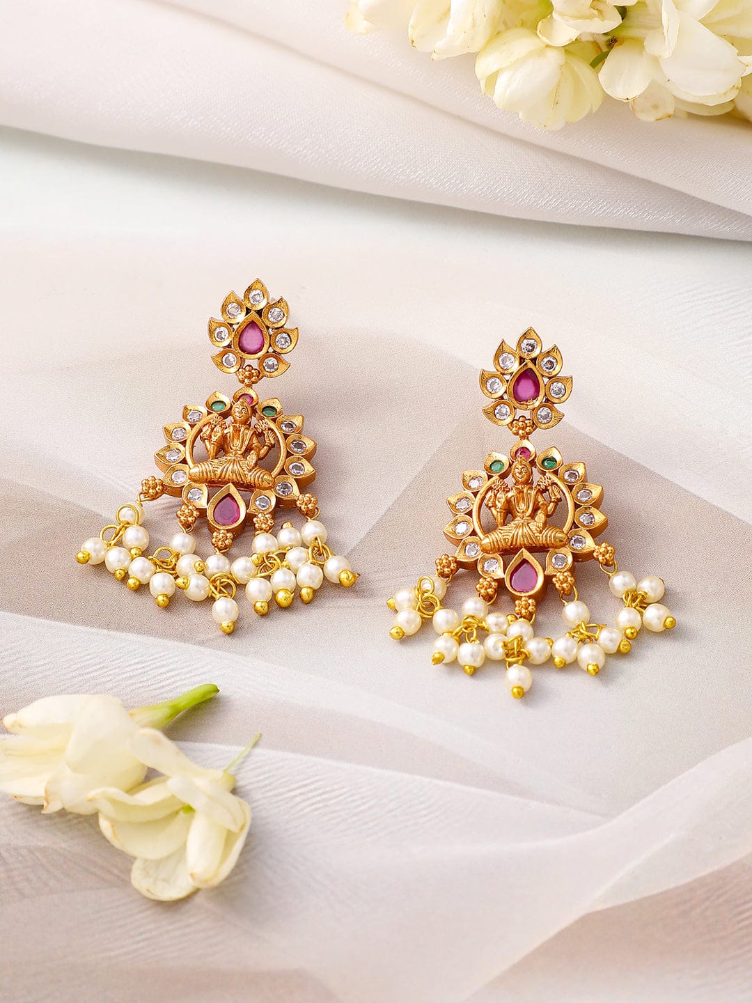 Long Pearl Drop Necklace Set with Laxmi Motif