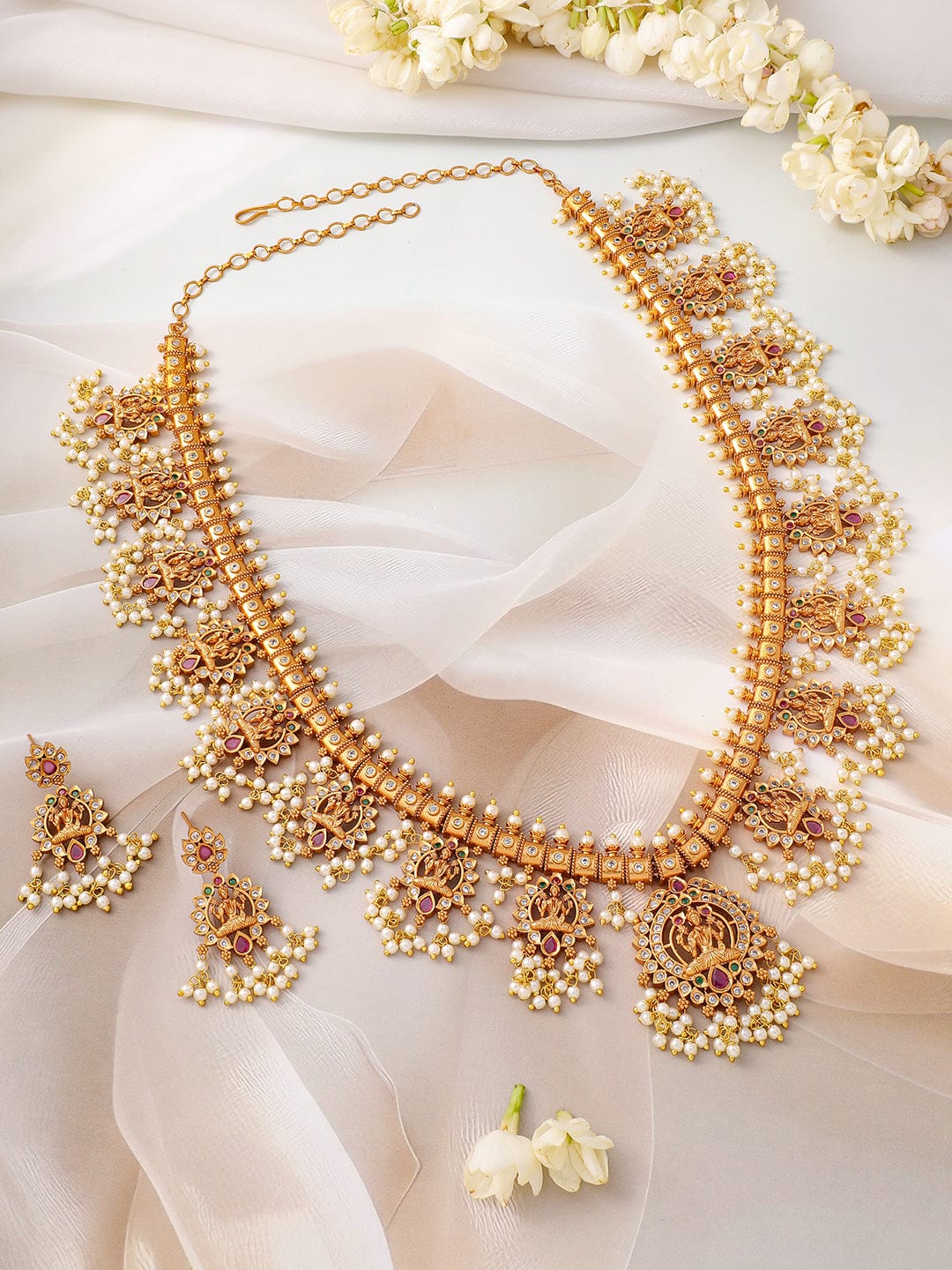 Long Pearl Drop Necklace Set with Laxmi Motif