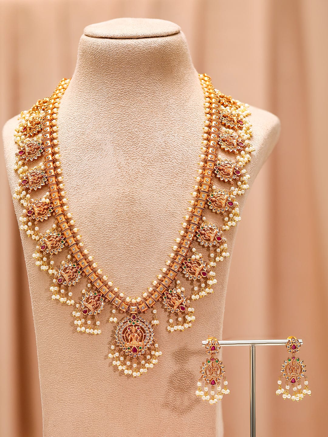 Long Pearl Drop Necklace Set with Laxmi Motif
