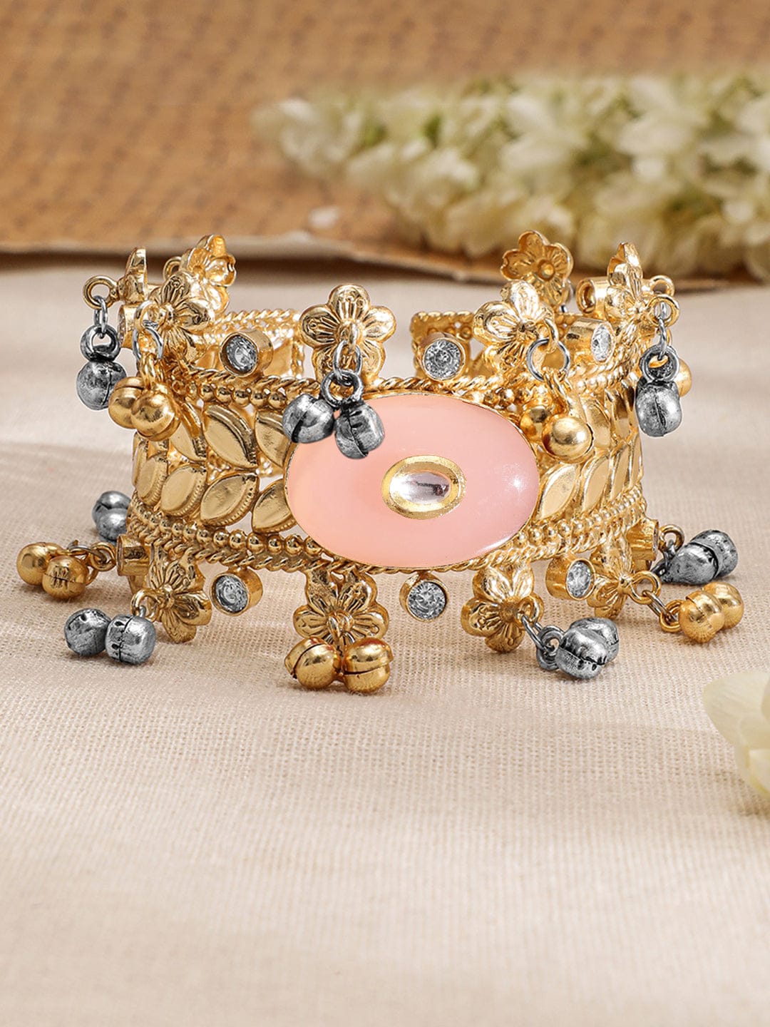 Wentra 24K Gold-Plated Dual-Tone Gold & Silver Beads Peach Stone Handcrafted Cuff Bracelet