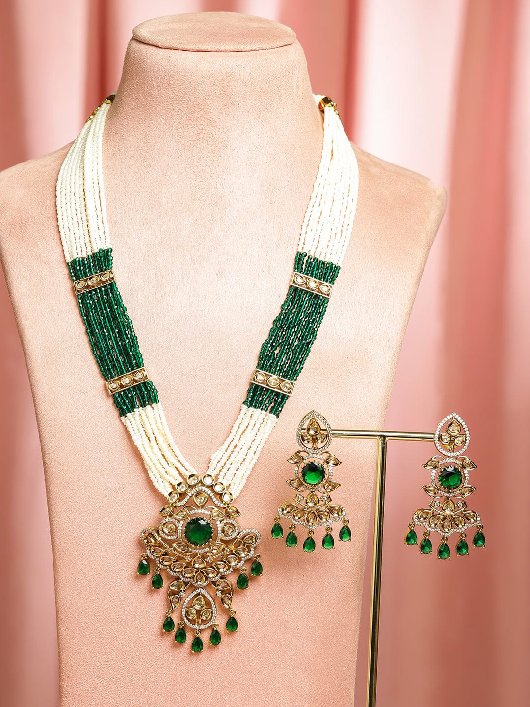 Green & White Kundan Long Gold Necklace Set