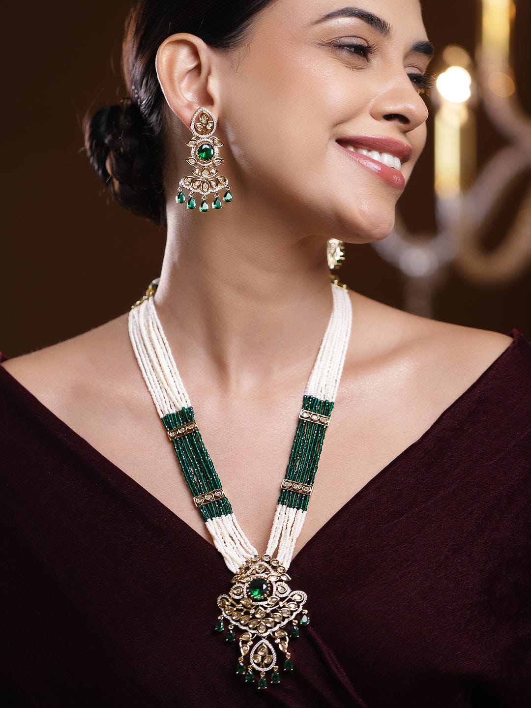 Green & White Kundan Long Gold Necklace Set