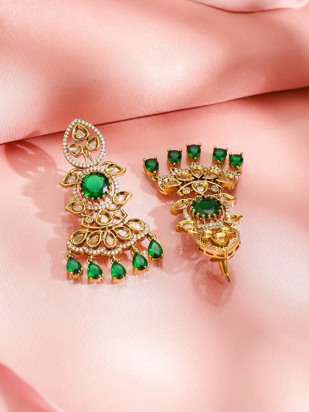 Green & White Kundan Long Gold Necklace Set