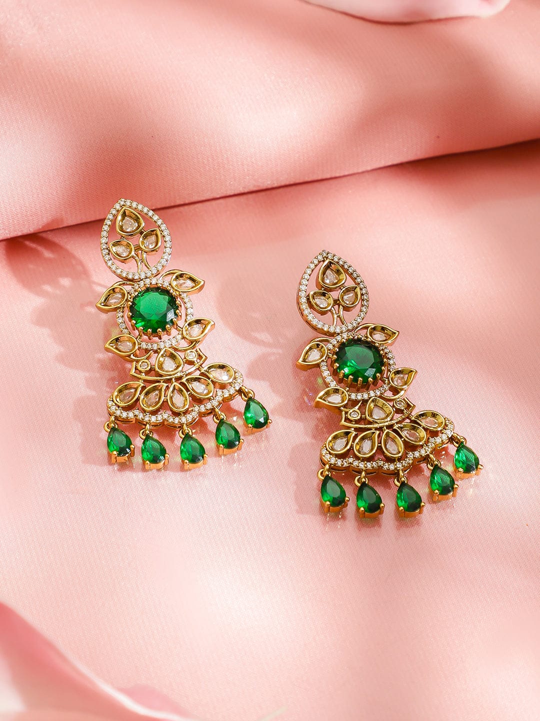 Green & White Kundan Long Gold Necklace Set