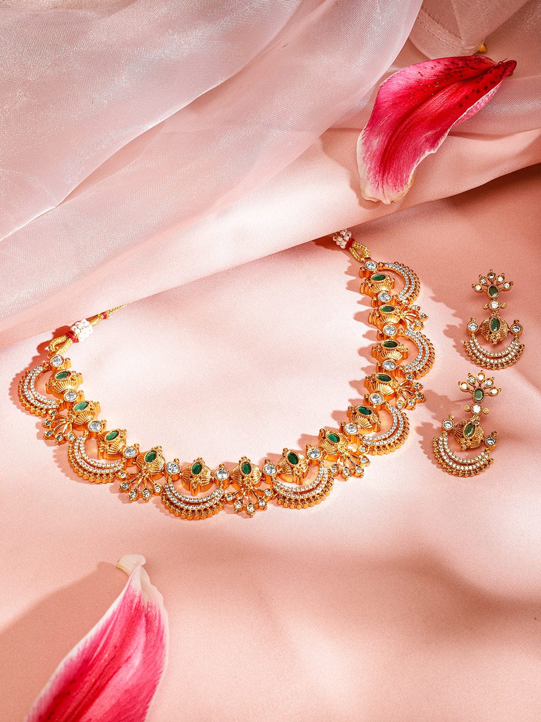 American Diamond Zirconia Emerald Gold Necklace Set