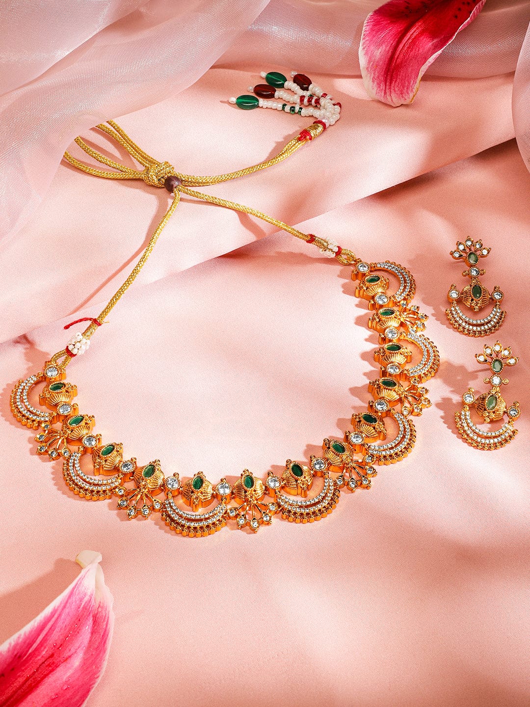 American Diamond Zirconia Emerald Gold Necklace Set
