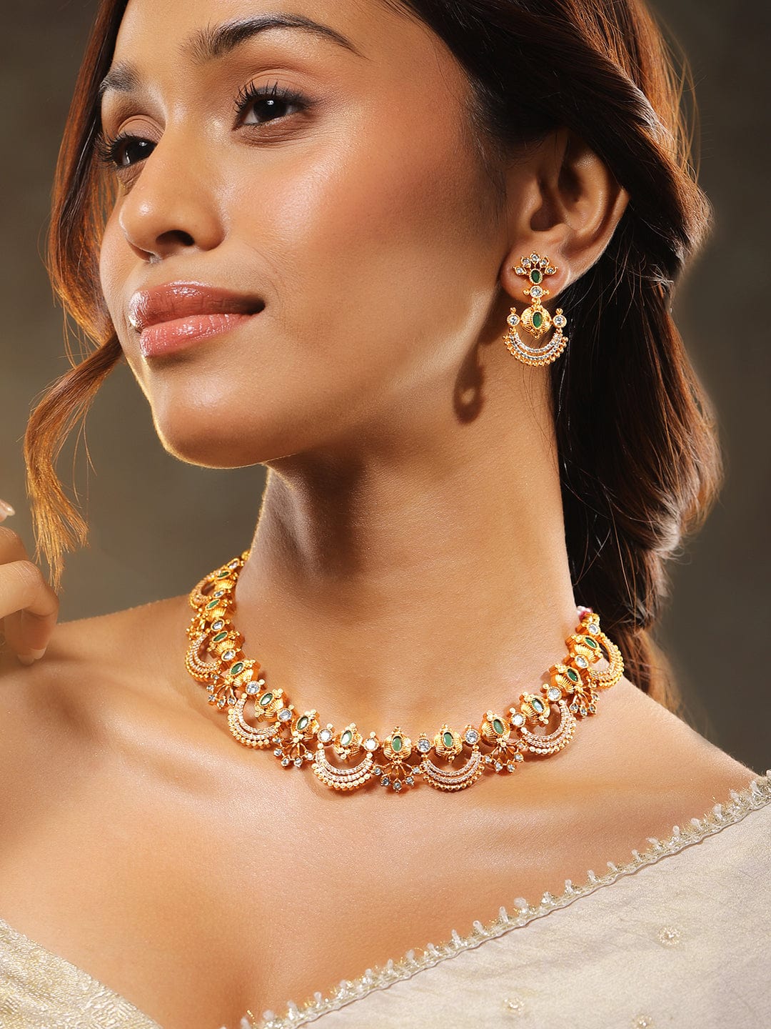American Diamond Zirconia Emerald Gold Necklace Set