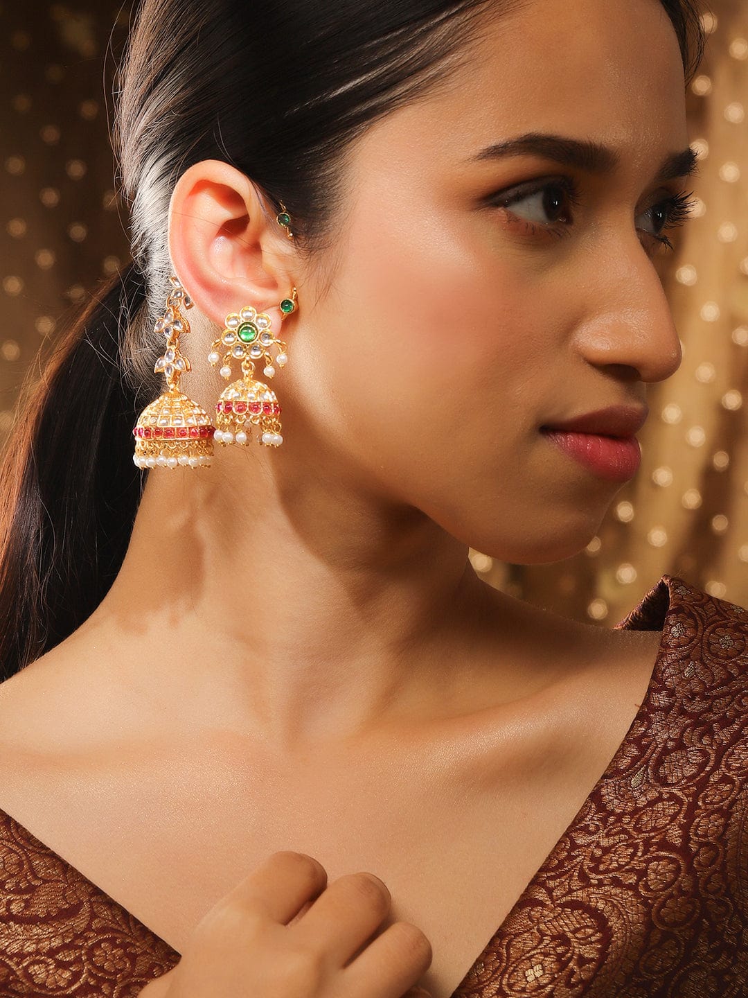 Contemporary Green Kundan Ear Cuff Jhumka
