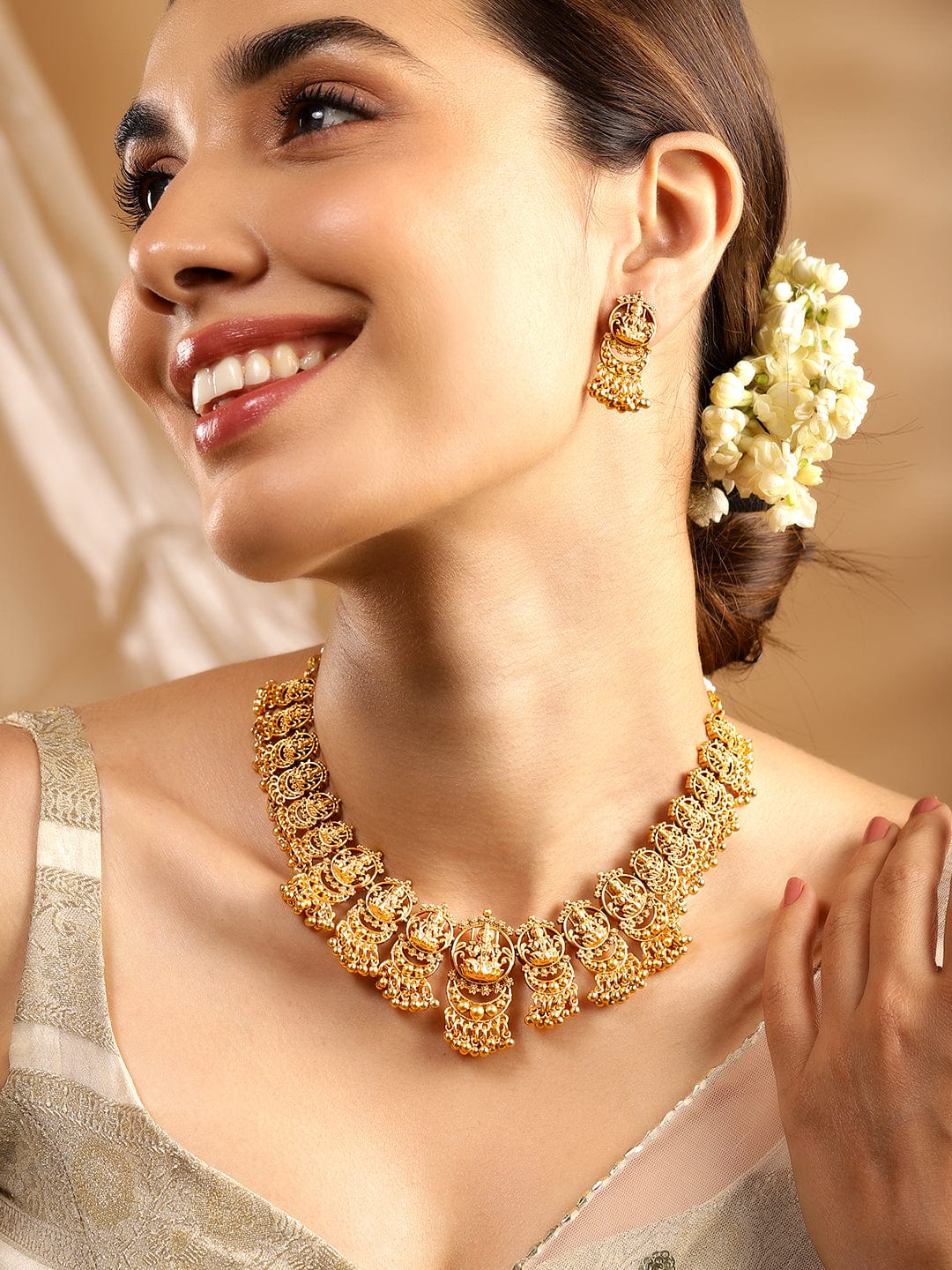Wentra 24K Gold Plated Goddess Lakshmi Motif Handcrafted Traditional Temple Jewellery Set