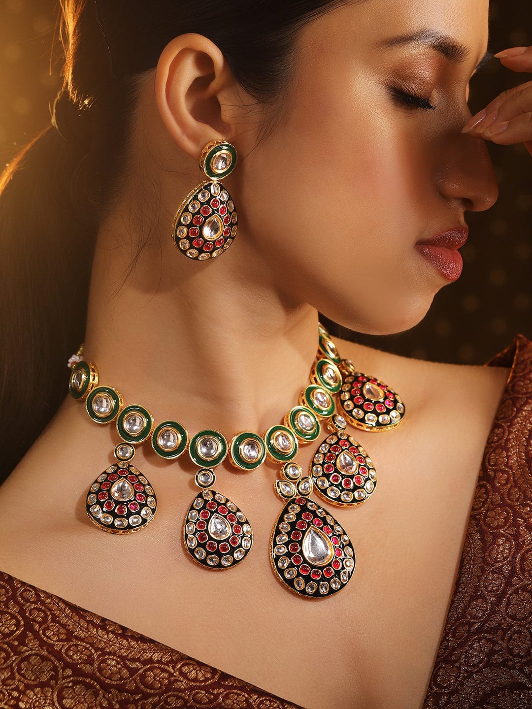Artistic Red Green Kundan Necklace Set