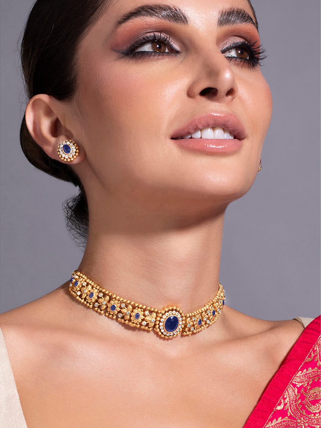 Blue Floral Gold Choker Set