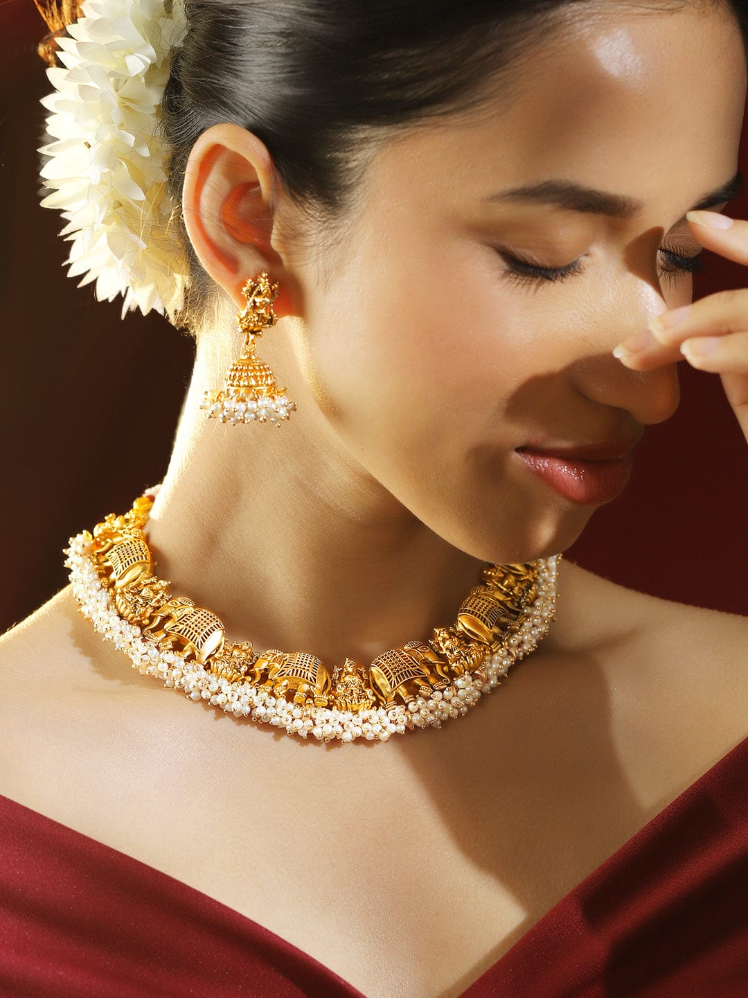 Elephant Motif Necklace Set with Pearl Drops